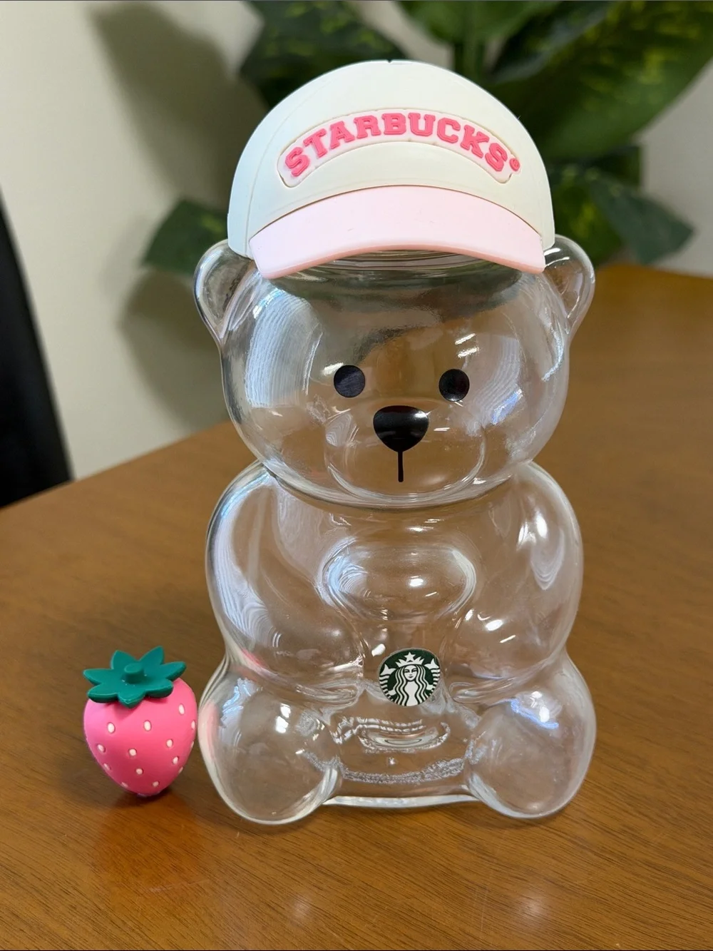 Starbucks Clear Glass Bear cup with Pink & White Cap